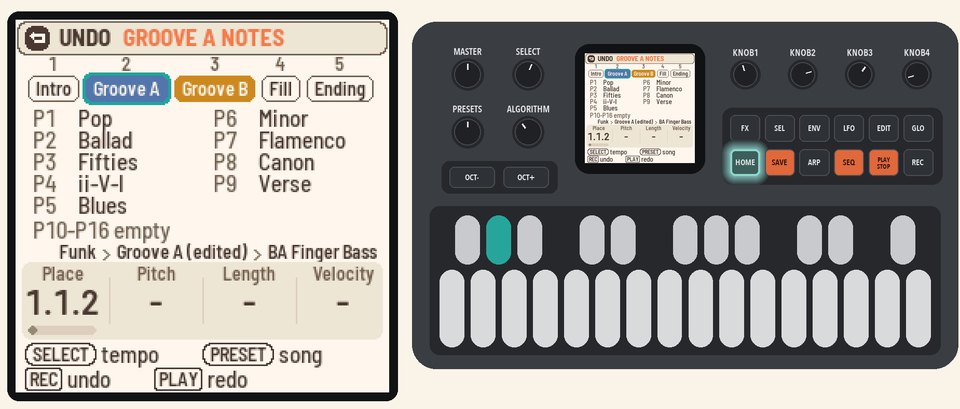 HOME held, REC pressed: UNDO GROOVE A NOTES