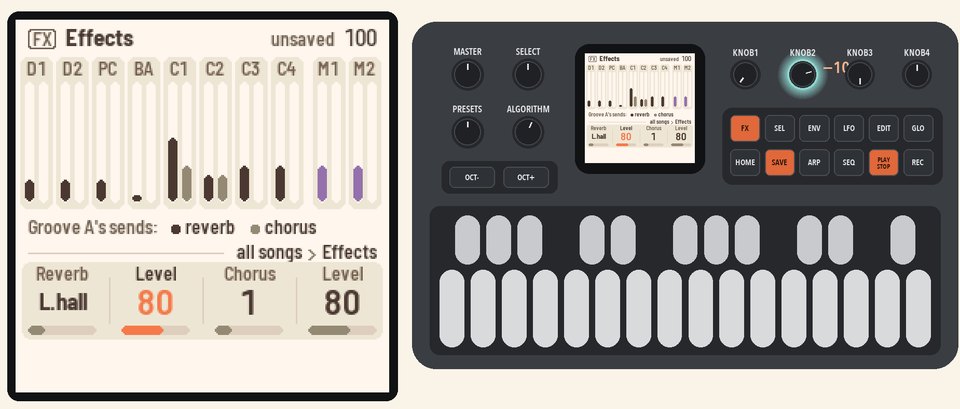 Effects: reverb L.hall, level 80