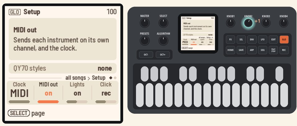 Setup: KNOB 2 (MIDI out) on, with what it does