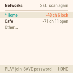 The networks around: signal, channel, and whether it needs a password; * marks a saved one