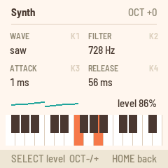 The synth: the wave, filter, attack and release, and the keys held